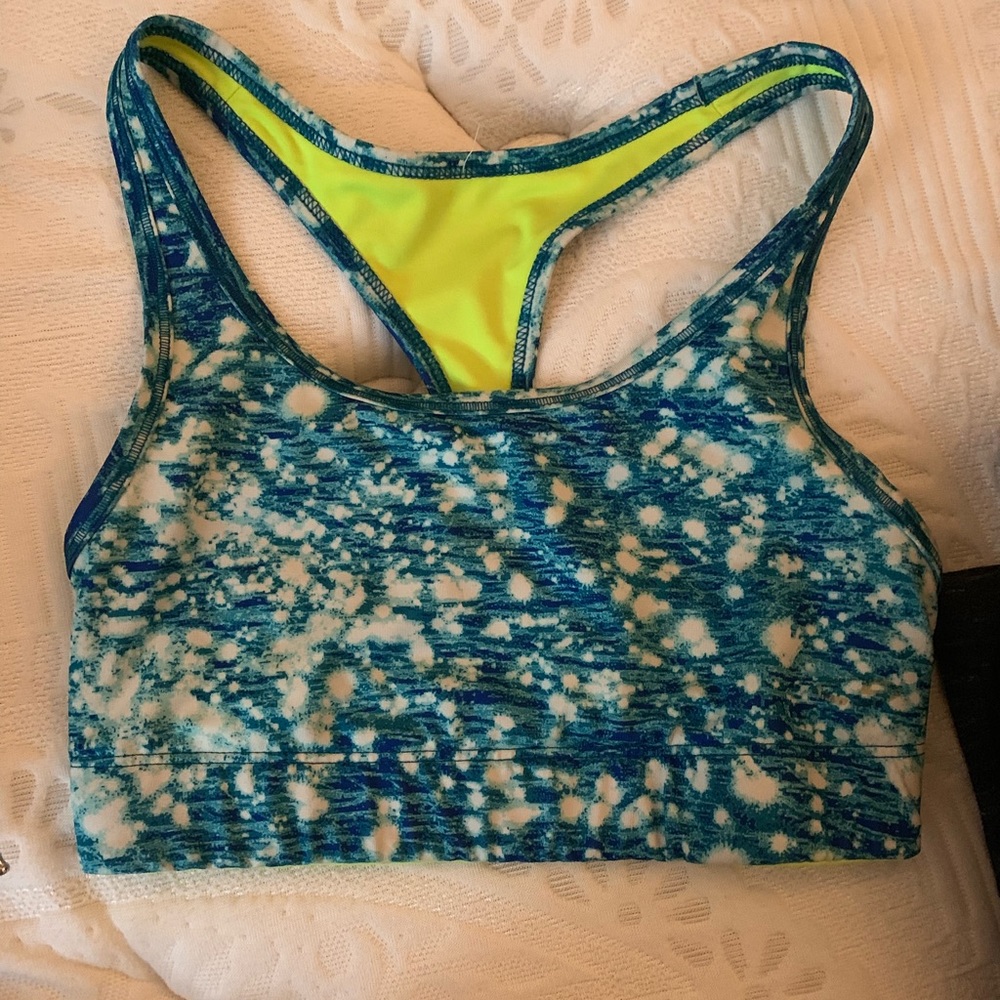XS sports bra neon yellow and blue
